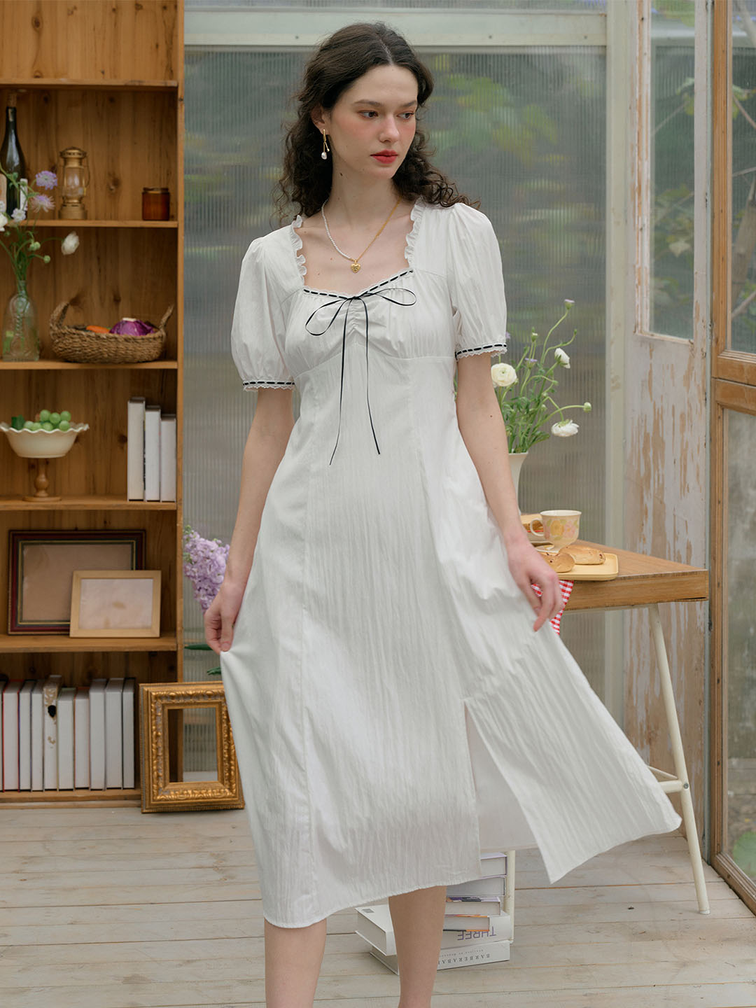 Edith Square Neck Contrast Bow Puff Sleeves Slit Hem Dress