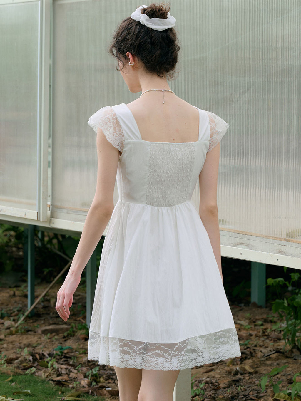 【Final Sale】Emmy Sweet Bow Square Neck Lace Splicing Dress