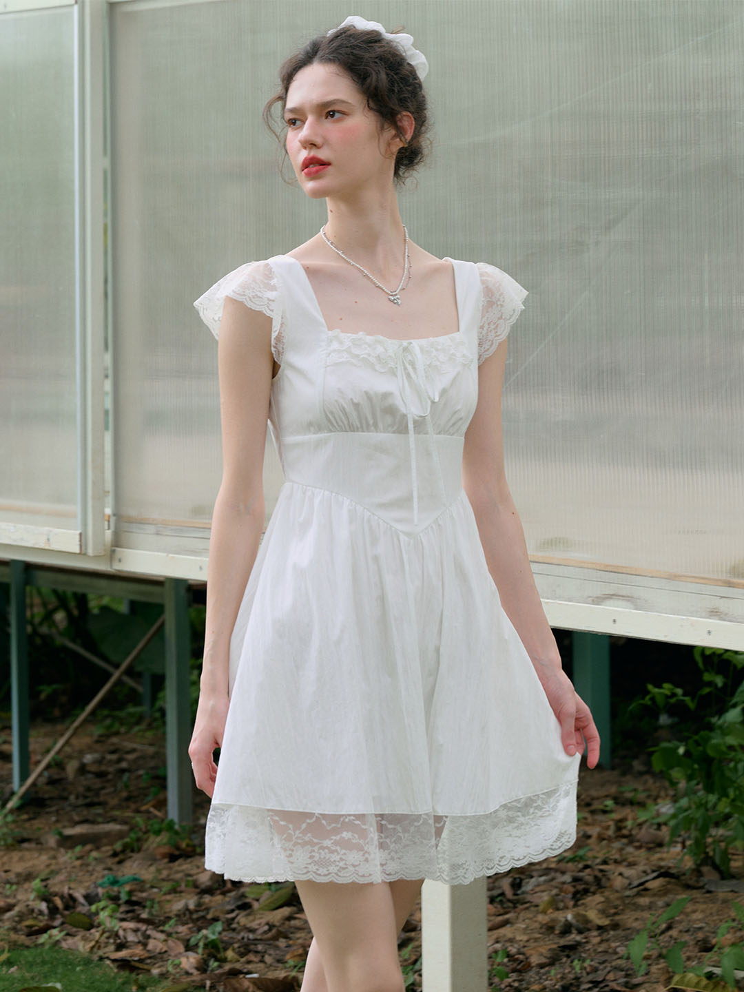 【Final Sale】Emmy Sweet Bow Square Neck Lace Splicing Dress