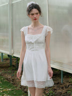 【Final Sale】Emmy Sweet Bow Square Neck Lace Splicing Dress