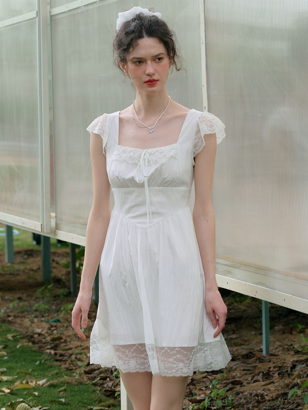 【Final Sale】Emmy Sweet Bow Square Neck Lace Splicing Dress