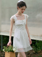 【Final Sale】Emmy Sweet Bow Square Neck Lace Splicing Dress