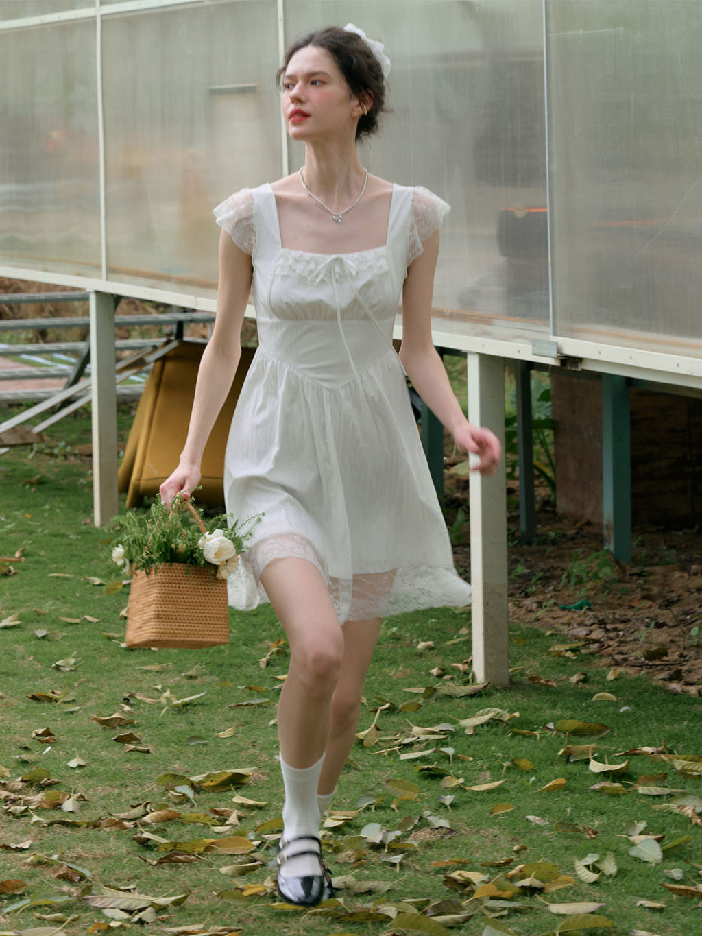 【Final Sale】Emmy Sweet Bow Square Neck Lace Splicing Dress