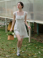 【Final Sale】Emmy Sweet Bow Square Neck Lace Splicing Dress