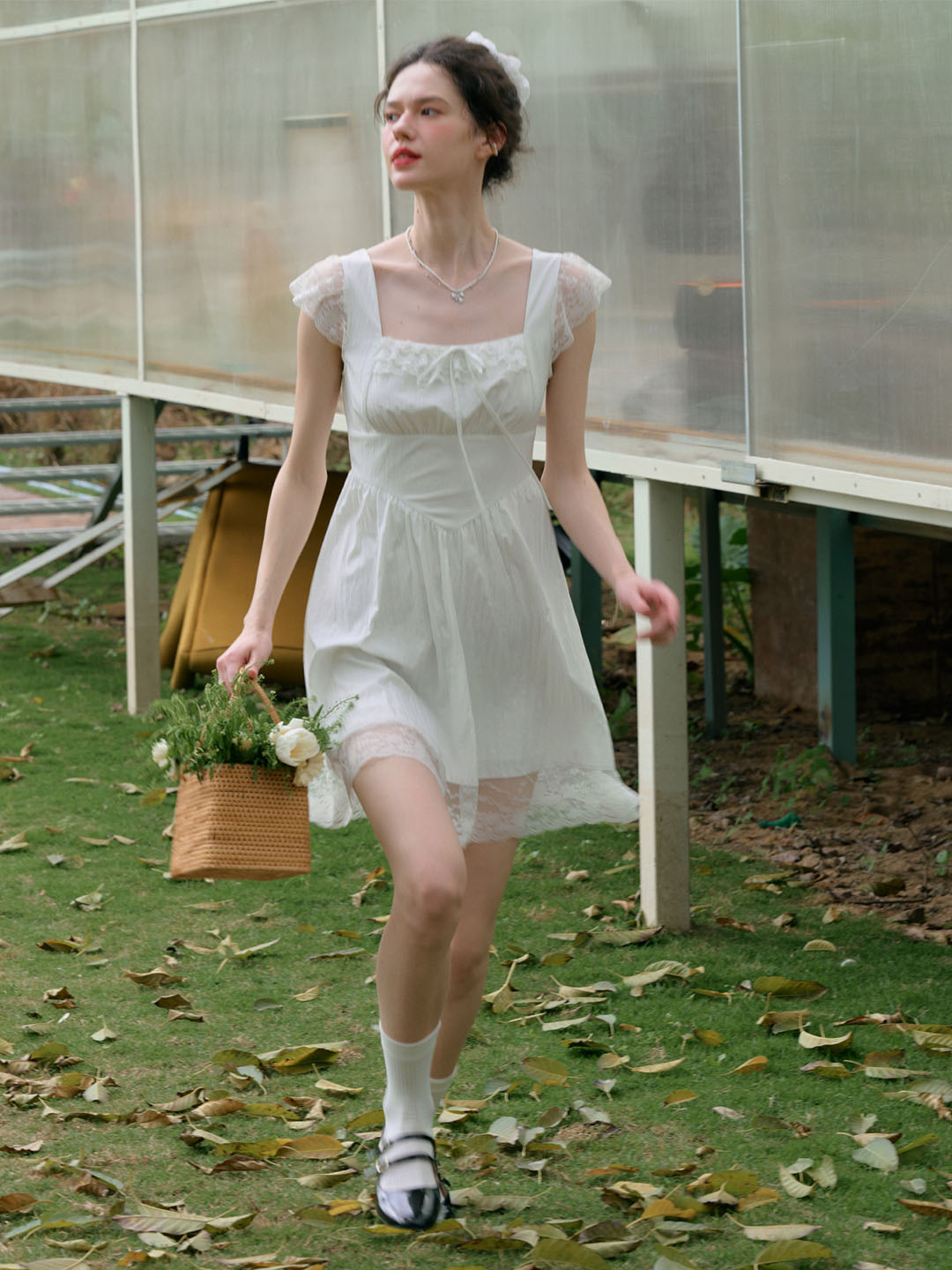 【Final Sale】Emmy Sweet Bow Square Neck Lace Splicing Dress