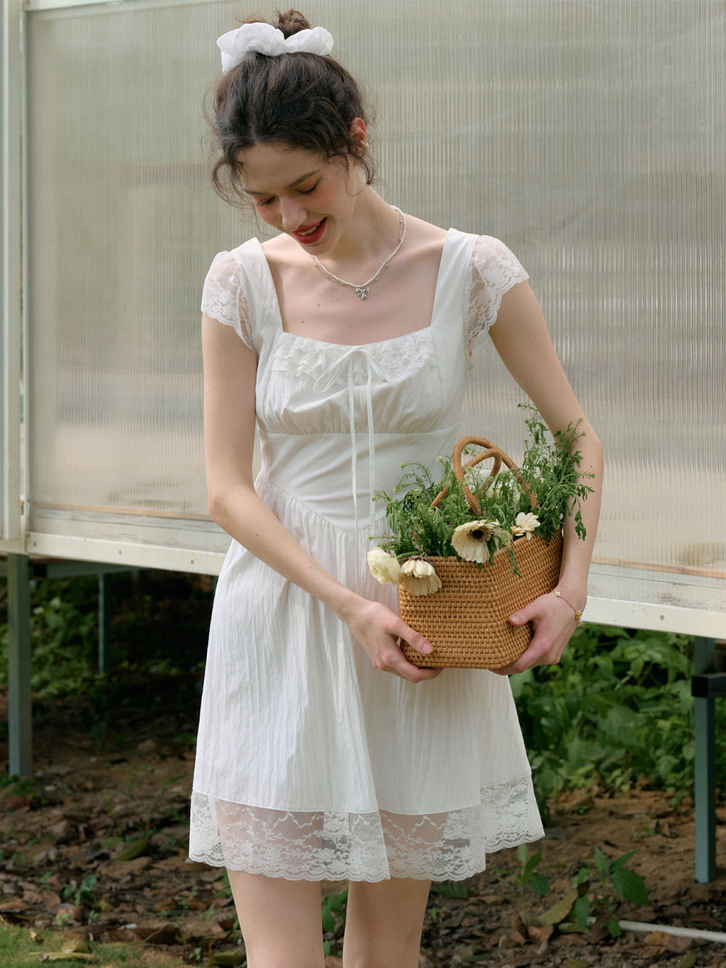 【Final Sale】Emmy Sweet Bow Square Neck Lace Splicing Dress