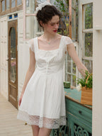 【Final Sale】Emmy Sweet Bow Square Neck Lace Splicing Dress
