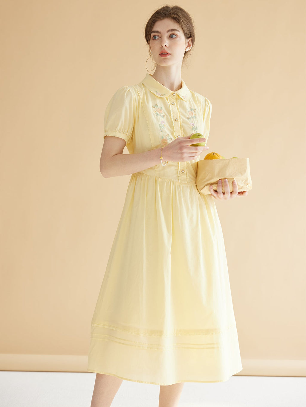 【Final Sale】Maryam Floral Embroidery Puff Sleeve Button Front Peter Pan Collar Dress