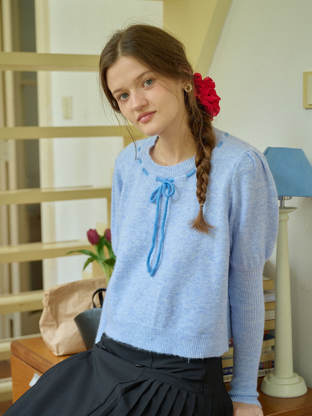 【Final Sale】Lauren Bow Tie Pullover Bubble Sleeve Sweater