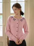 【Final Sale】Nyx Round Neck Contrasting Embroidery Bow Cardigan
