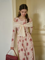 【Final Sale】Clare Off-The-Shoulder Bow Print Contrast Color Dress