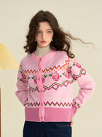【Final Sale】Violette Round Collar Clashing Embroidery Rose Cardigan
