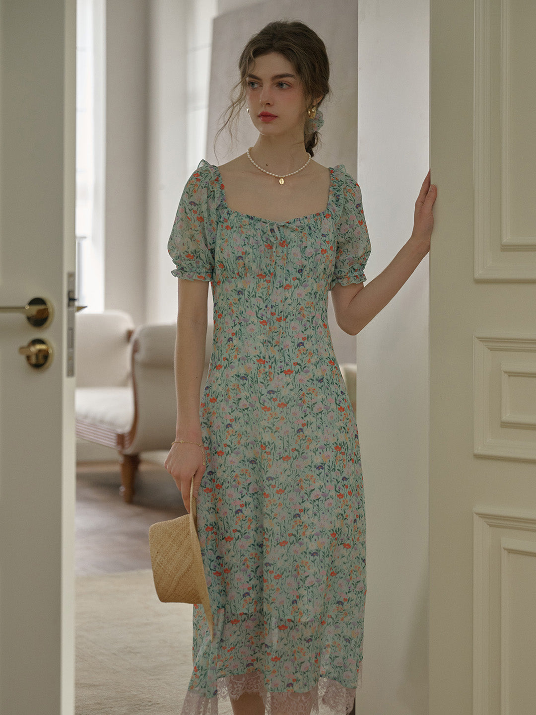 【Final Sale】Joanna Casual Vacation Style Square Neckline Floral Printed Dress