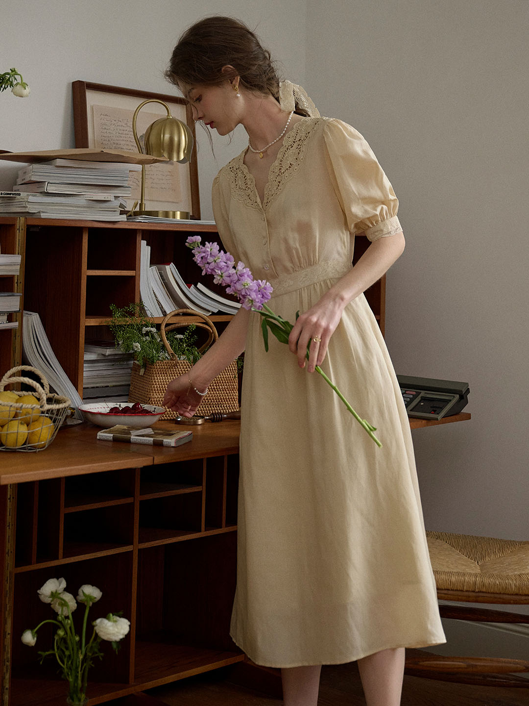 【Final Sale】Heidi Hollow Embroidered V-neck Lace Puff Sleeve Dress