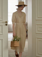 【Final Sale】Heidi Hollow Embroidered V-neck Lace Puff Sleeve Dress