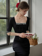 【Final Sale】Michelle Bow Lace Square Neck Knitted Color Block Dress