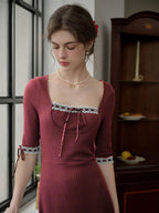 【Final Sale】Michelle Bow Lace Square Neck Knitted Color Block Dress