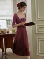 【Final Sale】Michelle Bow Lace Square Neck Knitted Color Block Dress