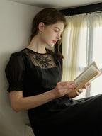 Ariella Round Neck Mesh Embroidered Puff Sleeve Dress