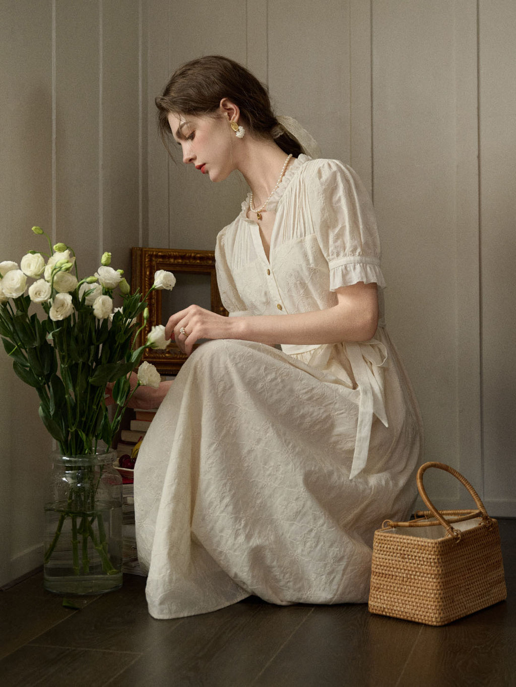 【Final Sale】Aitana Rose Embroidered V-neck Puff Sleeve Lace Cotton Dress
