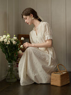 【Final Sale】Aitana Rose Embroidered V-neck Puff Sleeve Lace Cotton Dress