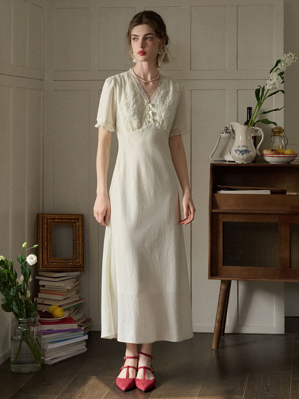 【Final Sale】Talia Romantic Rose Lace Bow V-neck Puff Sleeve Dress