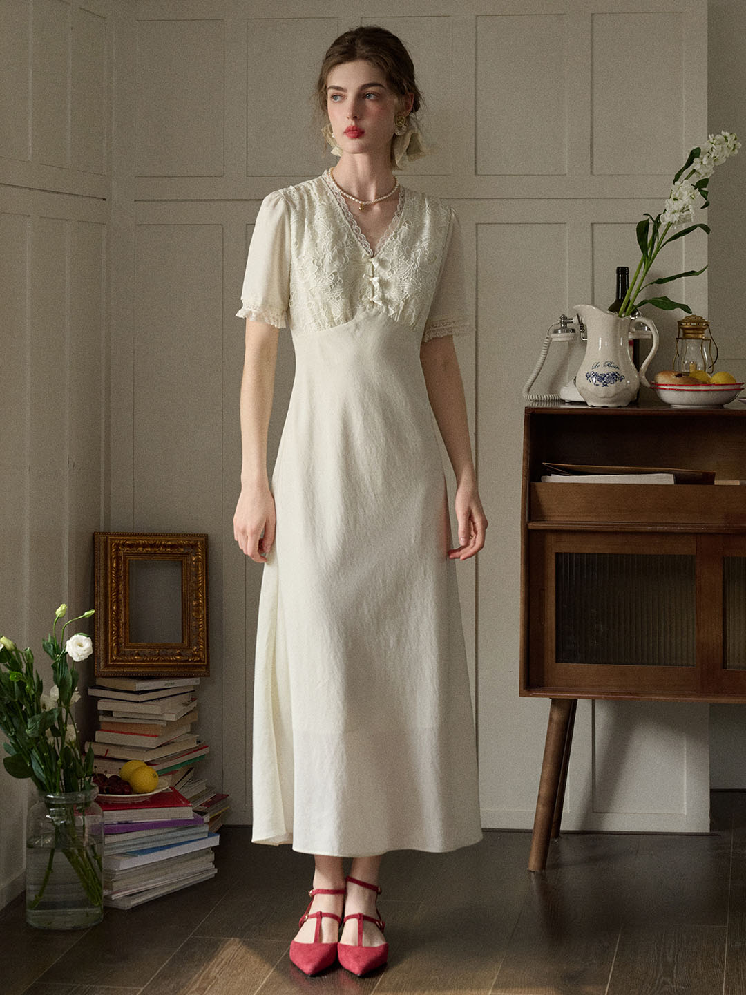 【Final Sale】Talia Romantic Rose Lace Bow V-neck Puff Sleeve Dress