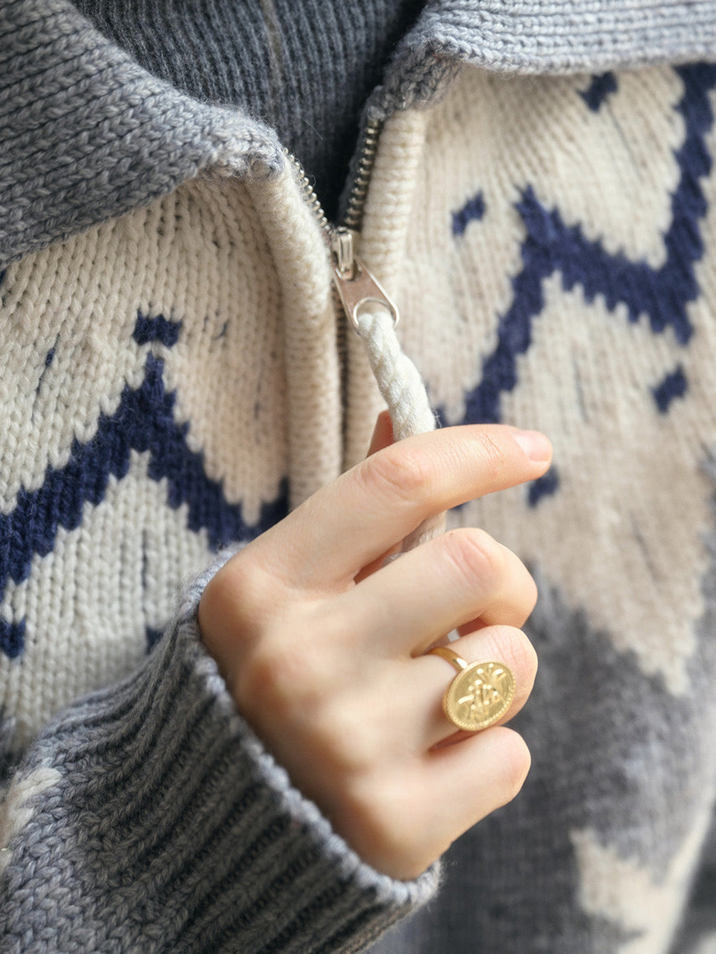 Ailany Notched Collar Fair Isle Double Zipper Wool Cardigan