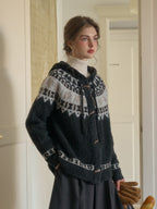 Zoya Notched Collar Fair Isle SR Exclusive Design Claw Button Wool Hoodie Cardigan