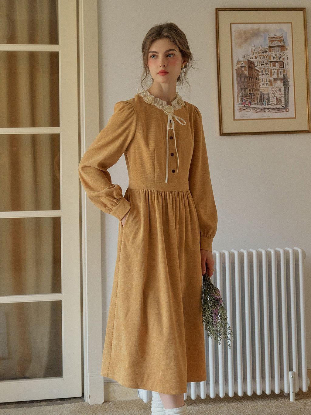 Amiri Romantic 3D Crochet Flowers Trimmed Corduroy Dress