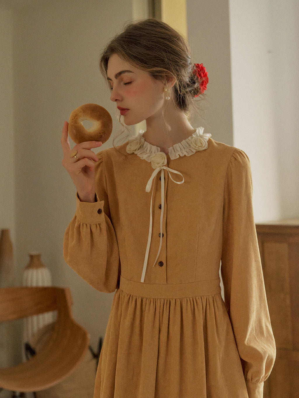 Amiri Romantic 3D Crochet Flowers Trimmed Corduroy Dress