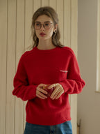 Natalie Solid Raglan Sleeve Pocket Patched 100% Wool Sweater - Red