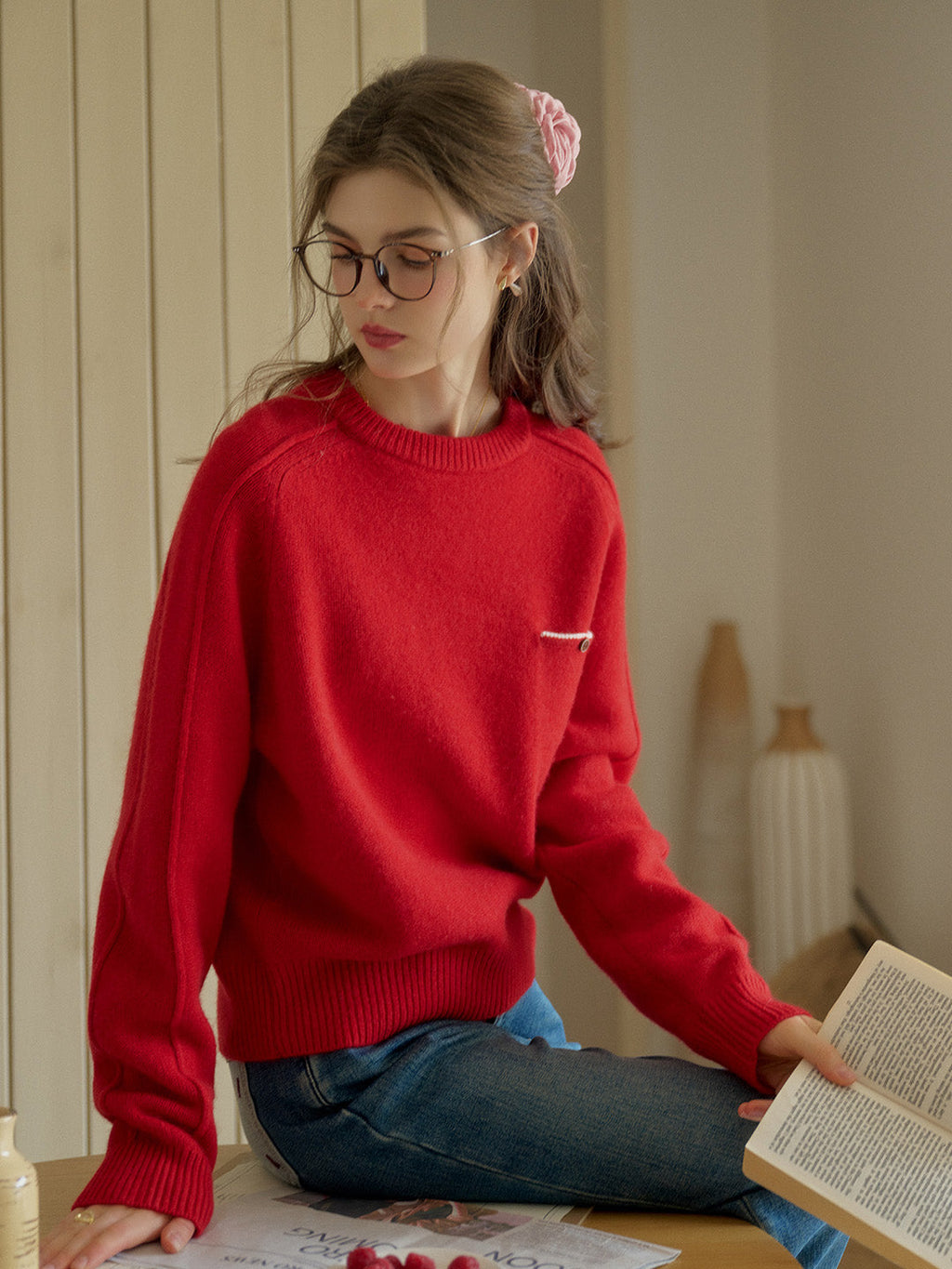 Natalie Solid Raglan Sleeve Pocket Patched 100% Wool Sweater - Red