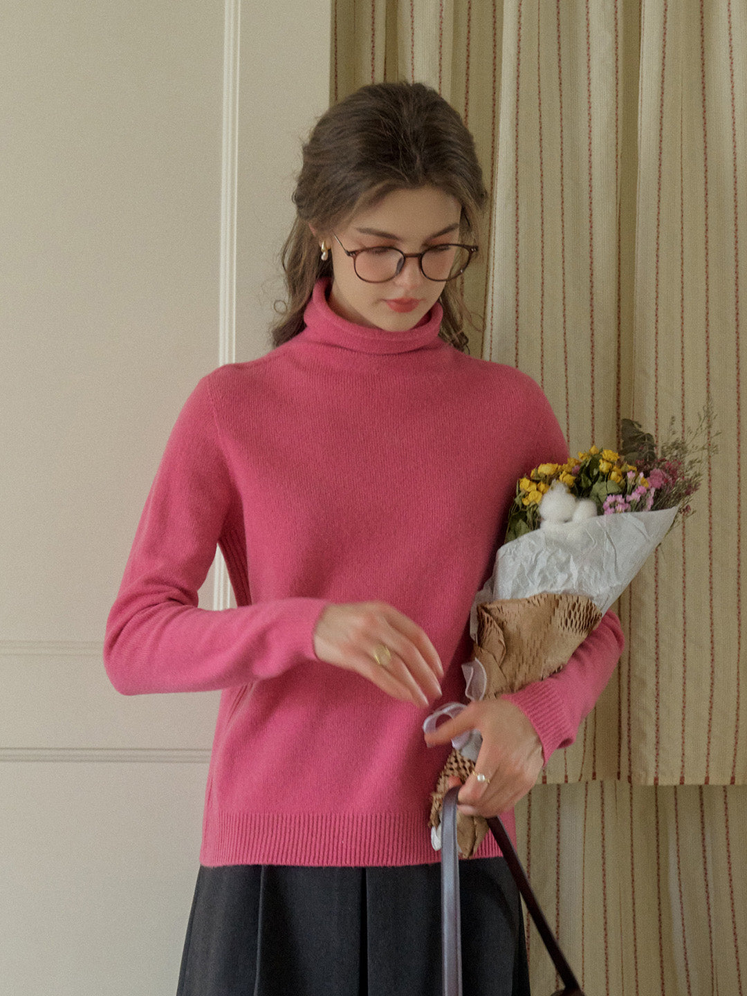 Solana Basic Versatile Turtleneck 100% Wool Sweater - Pink