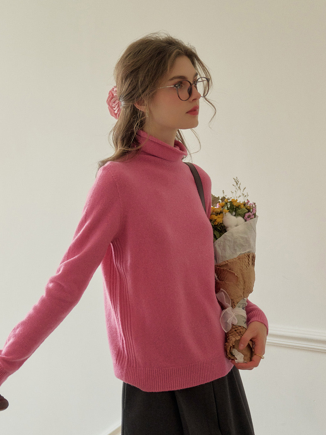 Solana Basic Versatile Turtleneck 100% Wool Sweater - Pink