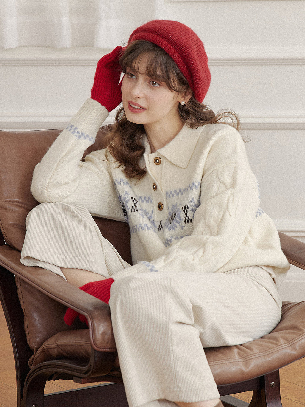Norah Snowflake Jacquard Polo Fair Isle Knit Sweater