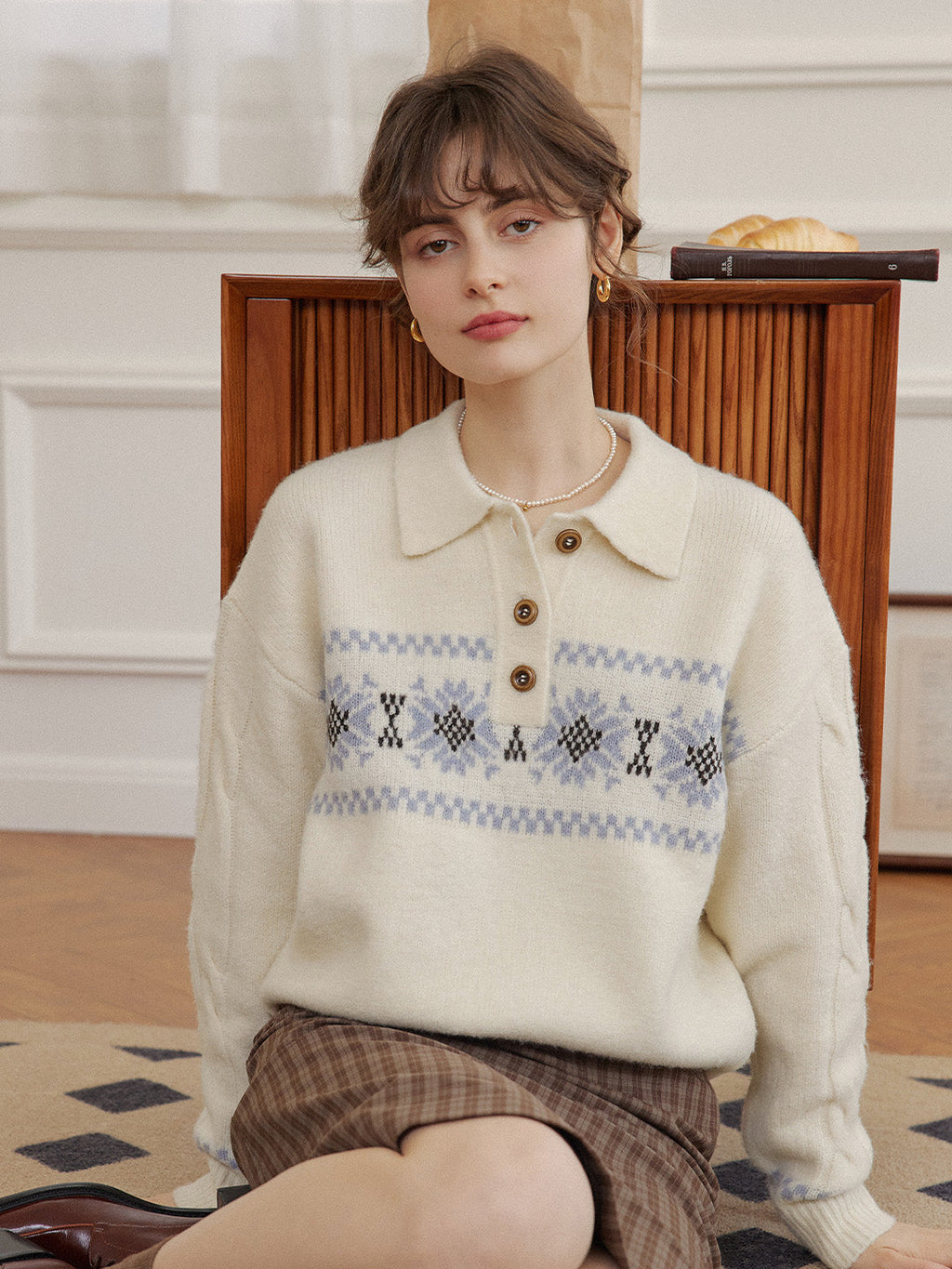 Norah Snowflake Jacquard Polo Fair Isle Knit Sweater