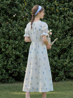 Jane Gypsophila Embroidered Floral V-neck Puff Sleeve Cotton Dress