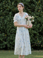 Jane Gypsophila Embroidered Floral V-neck Puff Sleeve Cotton Dress