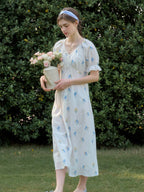 Jane Gypsophila Embroidered Floral V-neck Puff Sleeve Cotton Dress