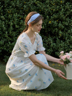 Jane Gypsophila Embroidered Floral V-neck Puff Sleeve Cotton Dress