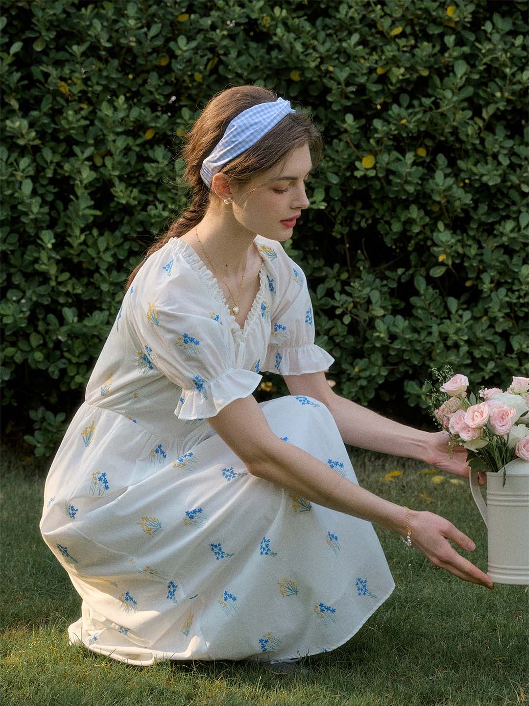 Jane Gypsophila Embroidered Floral V-neck Puff Sleeve Cotton Dress
