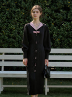 【Final Sale】Karter Notched Lapel Contrasting Button Bow Dress