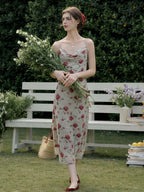 【Final Sale】Kaia Romantic Rose Print Slim Fit Slip Dress