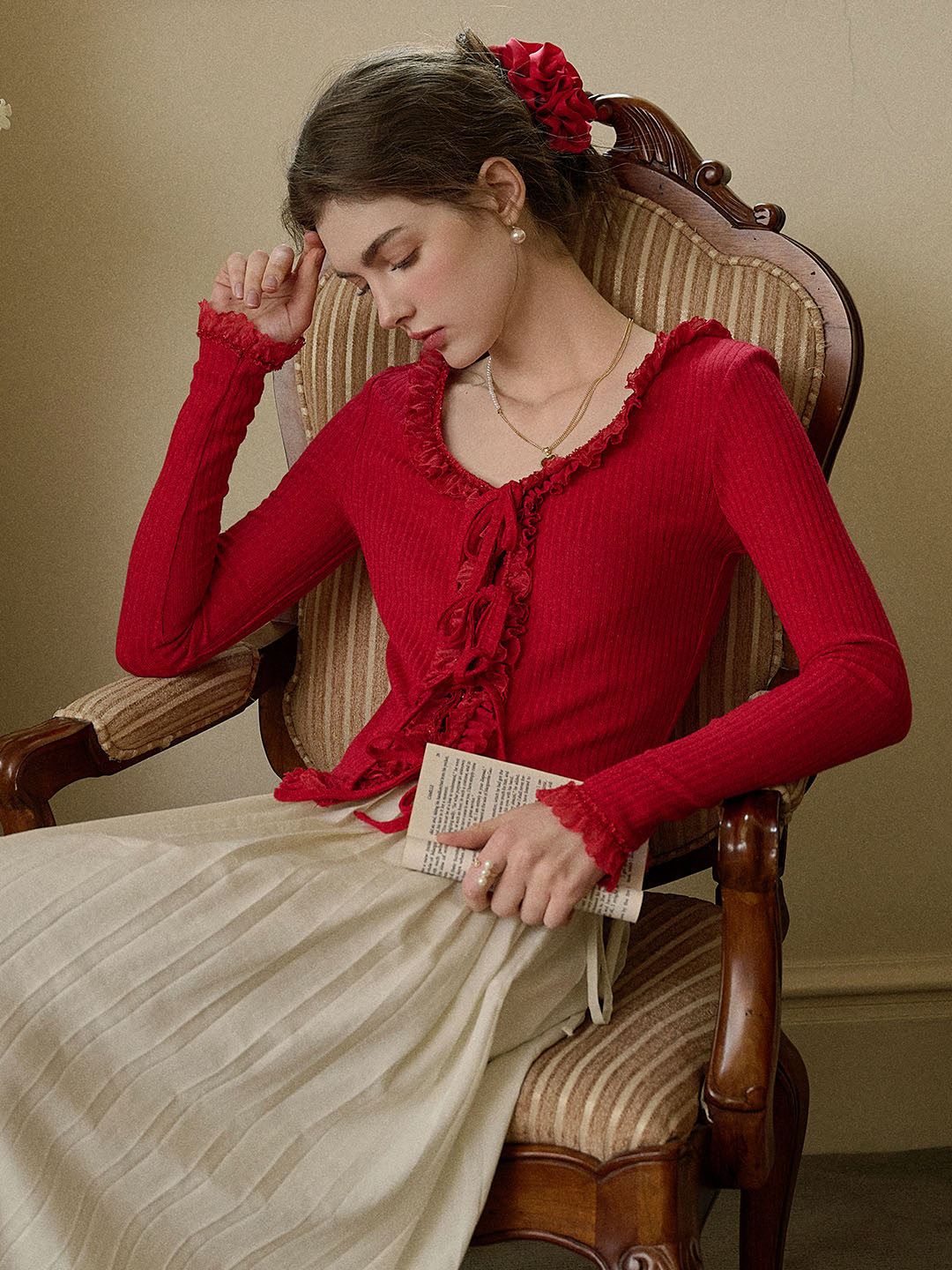 Phoebe U-neck Bow Lace Patchwork Knitted Cardigan