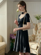 【Final Sale】Viviana Color Block Lace & Rhinestone-Studded Collar Dress (No Rose Choker)