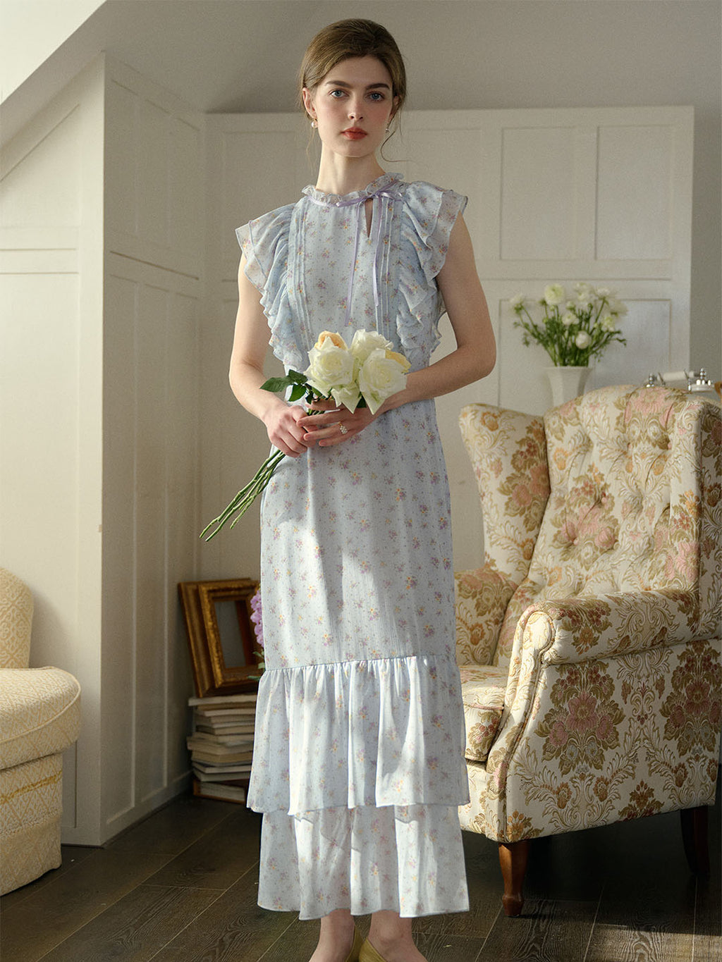【Final Sale】Malani Floral Printed Flutter Sleeve Mermaid Hem Maxi Dress