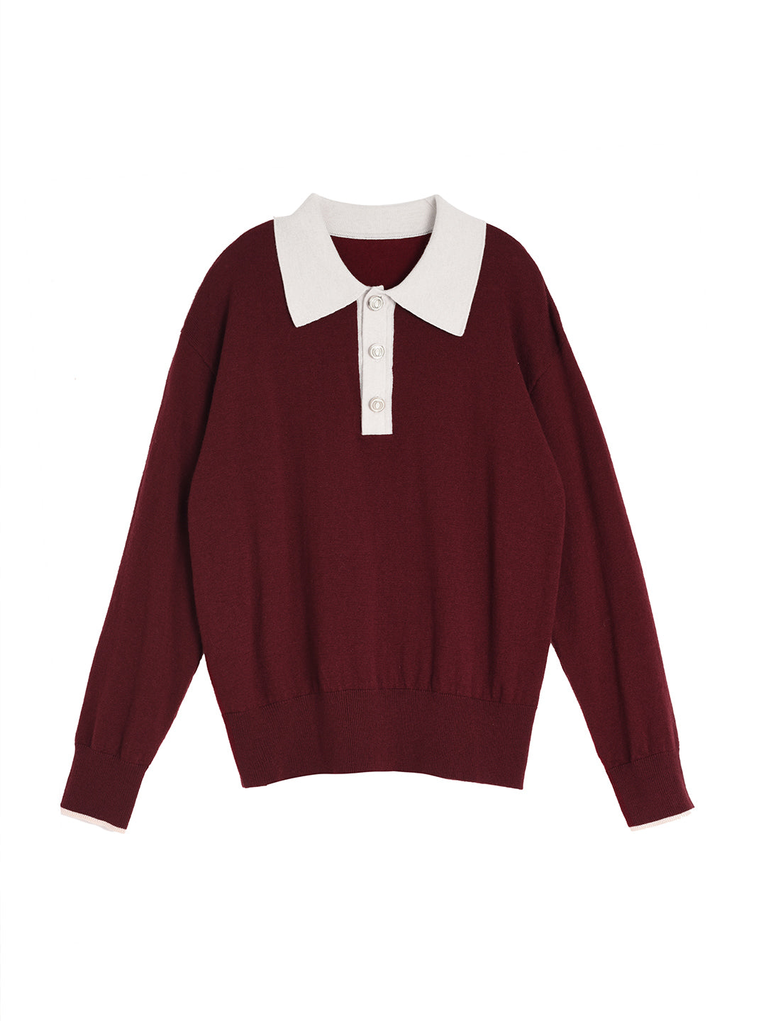 Selena Polo Contrast Collar 100% Wool Wine Red Knit Sweater