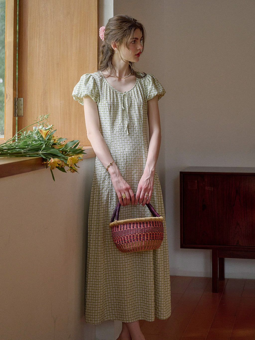 Willow Round Neck Plaid Puff Sleeve Viscose Dress - Yellow