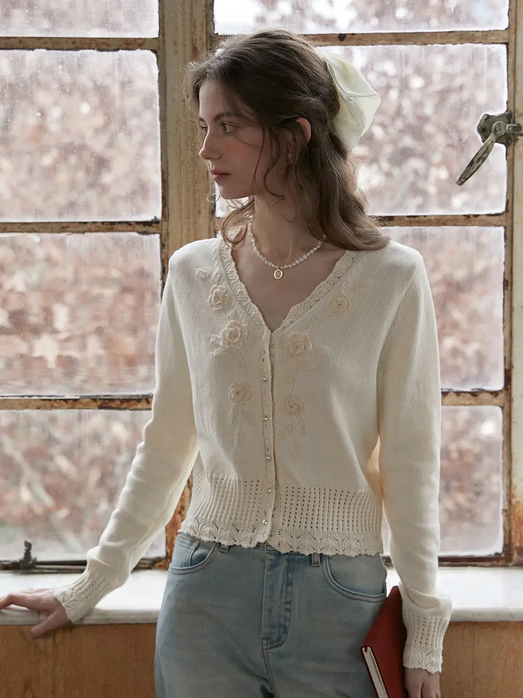 Eleanora V-Neck 3D Rose Cardigan
